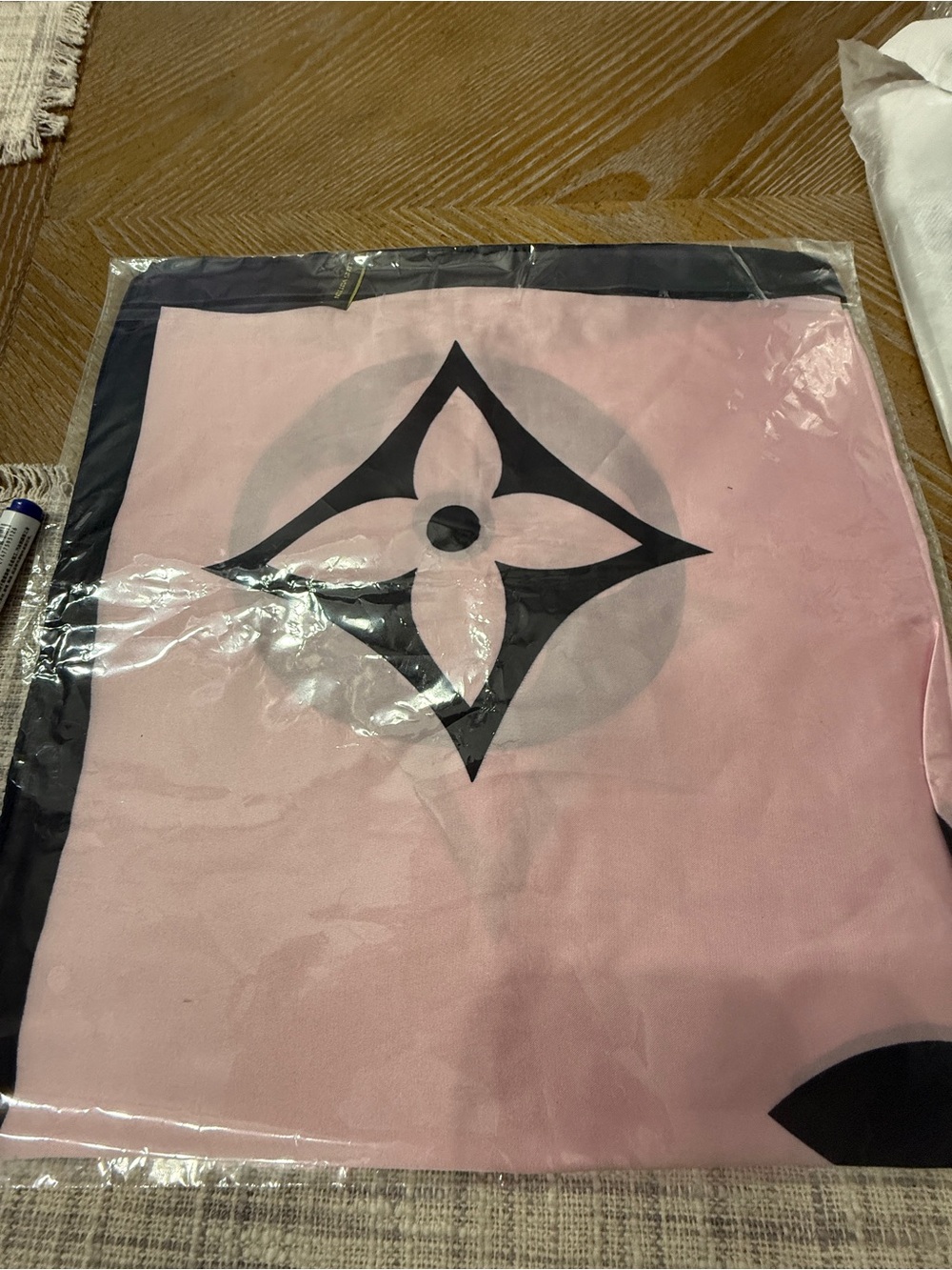 Pink Square Scarf with Black Floral Emblem